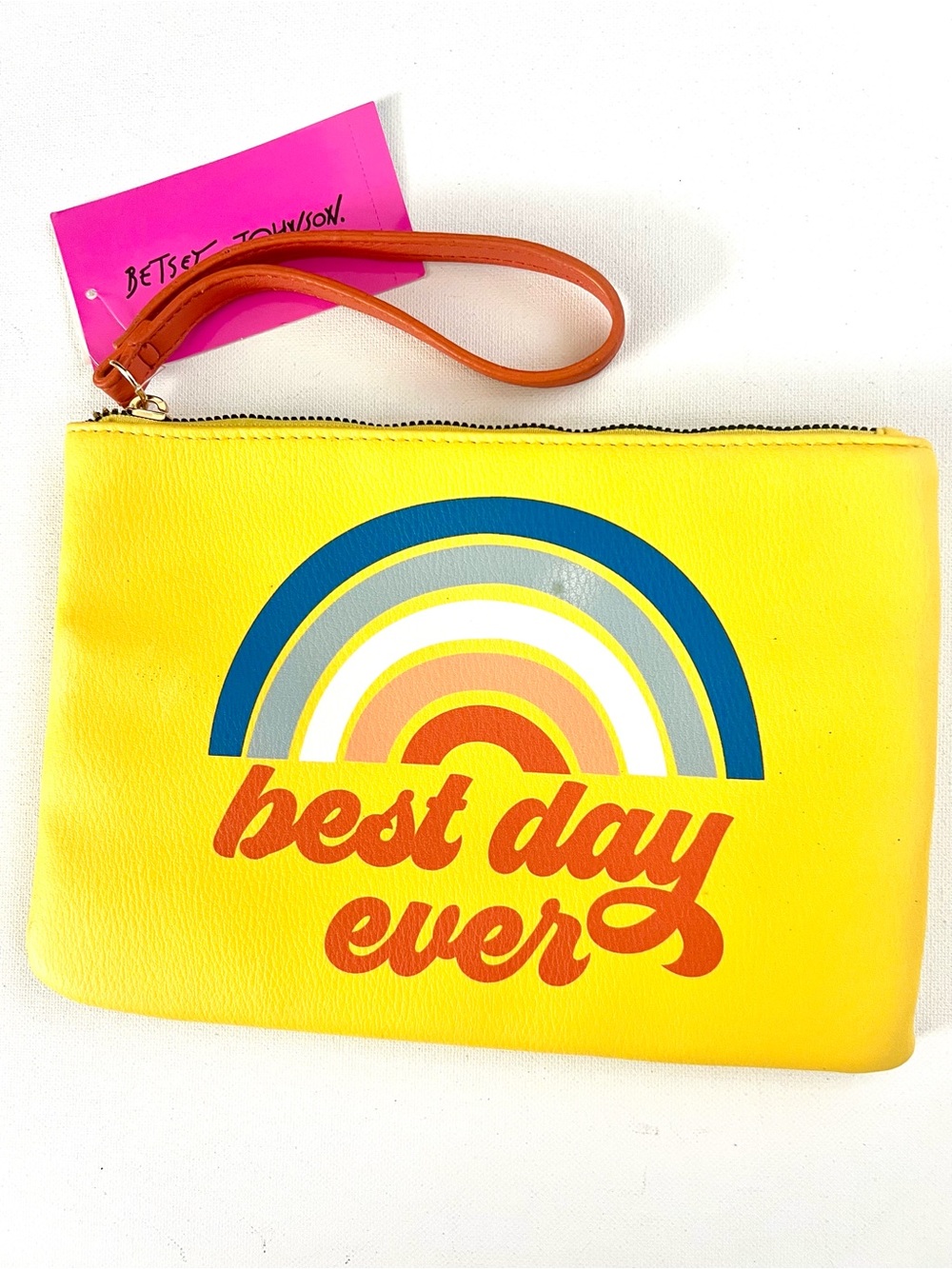 Betsey Johnson Yellow Rainbow 'Best Day Ever' Wristlet with Orange Strap, NWT